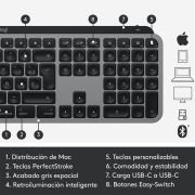 Logitech MX Keys para Mac – Teclado inalámbrico avanzado, Teclas con retroiluminación LED, Bluetooth, USB-C, Compatible con MacBook Pro, Macbook Air, iMac, iPad, QWERTY Español – Gris