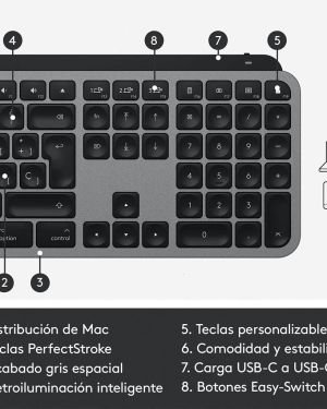 Logitech MX Keys para Mac – Teclado inalámbrico avanzado, Teclas con retroiluminación LED, Bluetooth, USB-C, Compatible con MacBook Pro, Macbook Air, iMac, iPad, QWERTY Español – Gris