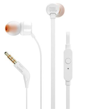 JBL T110 Auriculares In Ear con Pure Bass con manejo de un Solo botón y micrófono, Color Blanco