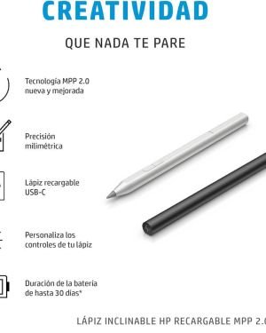 HP Lápiz Electrónico Inclinable Recargable MPP 2.0 para Pantallas Táctiles – (Batería hasta 30 Días, Carga USB-C, Puntas Intercambiables), Plata