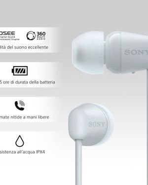 Sony WI-C100 Auriculares Inalámbricos – Hasta 25 Horas Batería, Micrófono Llamadas, Bluetooth, Blanco