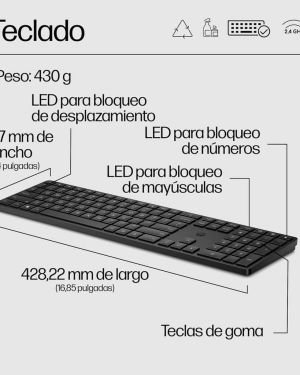 HP 450 Teclado Inalámbrico Programable QWERTY Español (Puerto USB-A, 20 Teclas Personalizables, hasta 6° de Inclinación, Windows 11, Windows 10, MAC) Color Negro