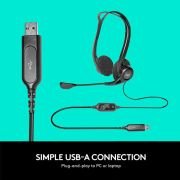 Logitech 960 Auriculares con Cable, Sonido Estéreo con Micrófono con Cancelación de Ruido, USB, Peso Ligero, Controles Integrados en el Cable, PC/Mac/Portátil , Negro
