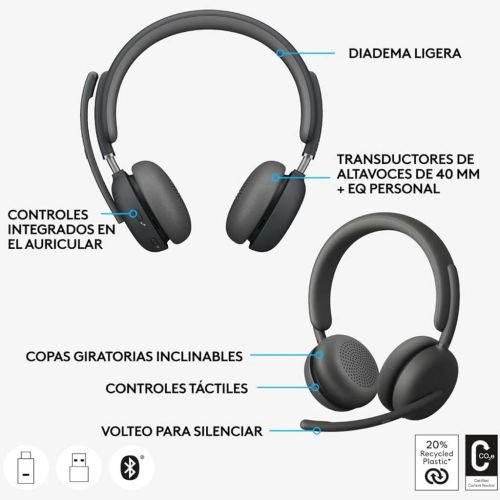 Logitech Zone Wireless, Auriculares con Micrófono con Cancelación de Ruido Premium con ANC Híbrida, Bluetooth, USB-C, USB-A, Certificación para Zoom, Google Meet, Google Voice, Fast Pair, Grafito