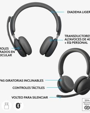 Logitech Zone Wireless 2, Auriculares con Micrófono con Cancelación de Ruido Premium con ANC Híbrida, Bluetooth, USB-C, USB-A, Certificación para Zoom, Google Meet, Google Voice, Fast Pair, Grafito