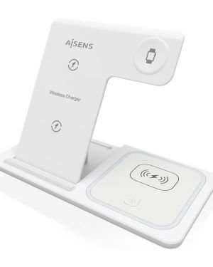 AISENS – ASCH-15W3WC044-W – Cargador Inalambrico USB-C 3 en 1 de 15W para Movil, Apple Watch, Ariculares con Estuche de Carga, Blanco