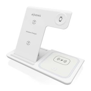 AISENS – ASCH-15W3WC044-W – Cargador Inalambrico USB-C 3 en 1 de 15W para Movil, Apple Watch, Ariculares con Estuche de Carga, Blanco