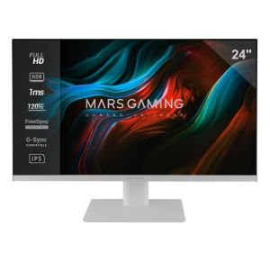 MARSGAMING MV-24, Monitor 24” IPS FHD 120Hz, HDR10 1ms, FreeSync y G-SYNC, Monitor PC con Altavoces Integrados, Inclinación 25°, Low Blue Light y Flicker Free, HDMI + DisplayPort + Jack 3.5mm, Blanco