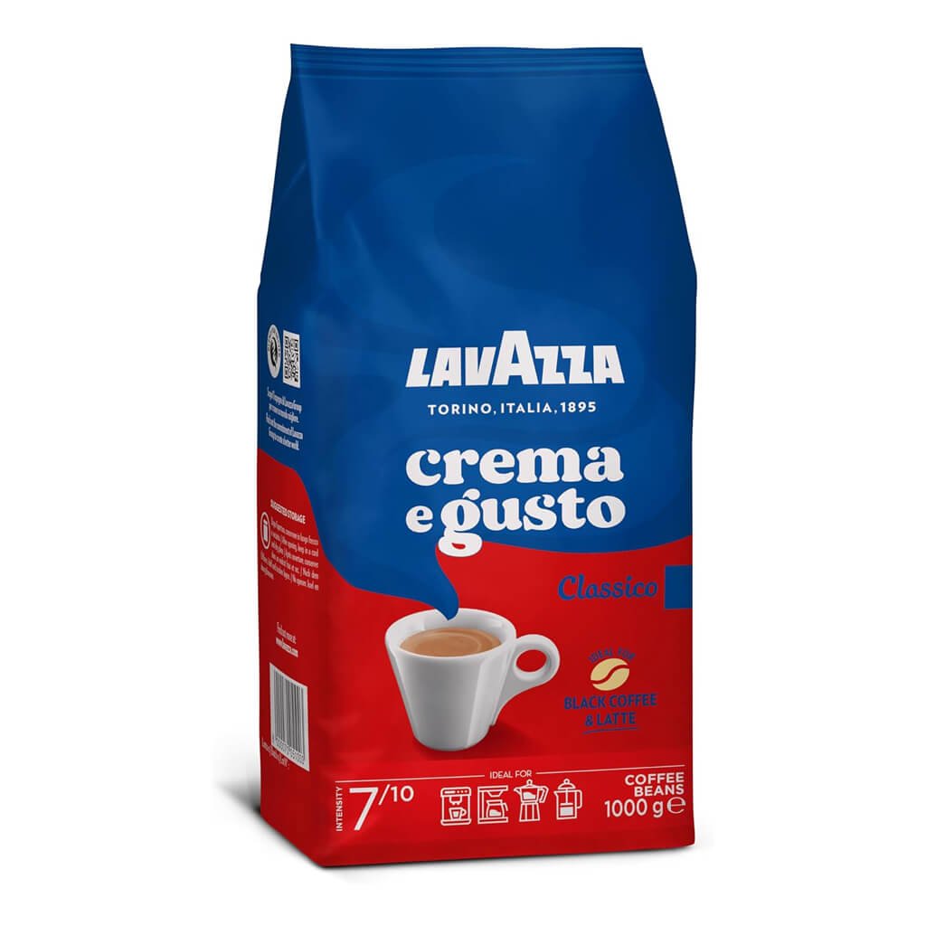 Lavazza, Crema e Gusto Classico, Café en Grano Natural, Ideal para la Máquina de Café Espresso, con Notas Aromáticas de Especias, Arábica y Robusta, Intensidad 7, Tueste Oscuro, 1 kg