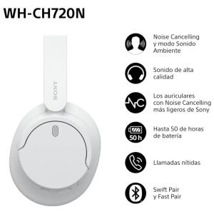 Sony WH-CH720N Auriculares Inalámbricos Bluetooth con Noise Cancelling- hasta 35 Horas de Autonomía y Carga Rápida, Blanco