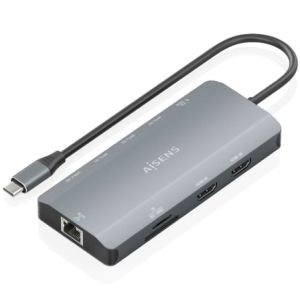 Docking USB Tipo-C Aisens ASUC-10P052-GR / 2xHDMI 4K / 1xRJ45 / 3xUSB / 1xUSB Tipo-C / 1xUSB Tipo-C PD / 1xLector de Tarjetas / Gris