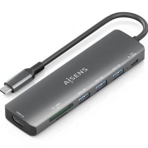 Docking USB Tipo-C Aisens ASUC-7P025-GR / 1xHDMI 4K / 3xUSB / 1xUSB Tipo-C PD / 1xLector Tarjetas / Gris